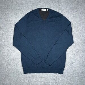 Calvin Klein Sweater Mens Large‎ Blue Extra Fine Merino Wool V-Neck Pullover